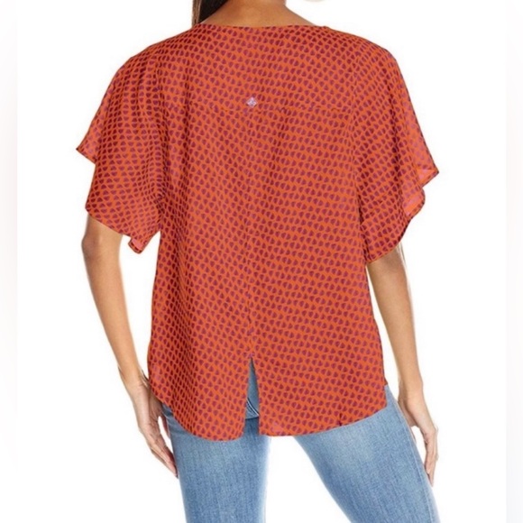 Prana ‘Emmi’ Women’s High- Low Printed Short Sleeve Blouse Orange Size Medium - Picture 2 of 7